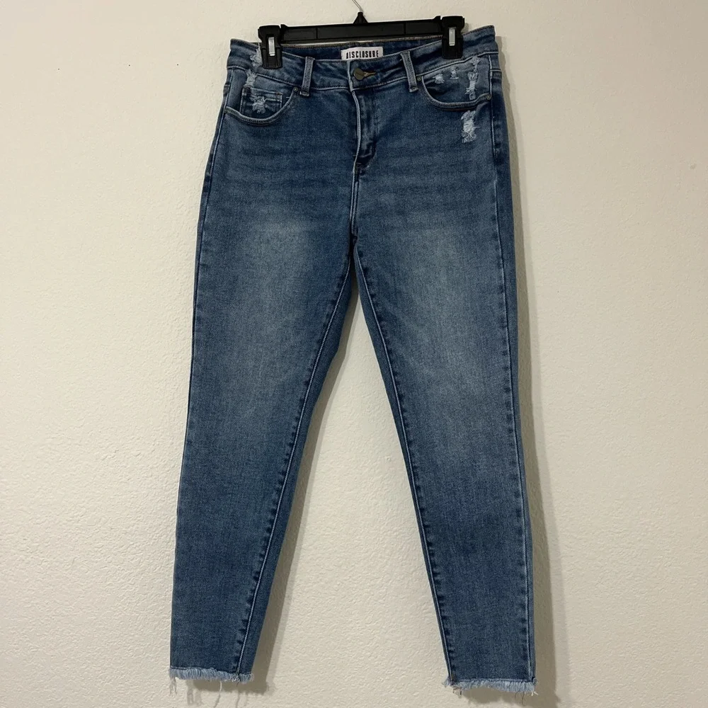 Disclosure Distressed Skinny‎ Jeans 11/30 High Rise Raw Hem Stretch Denim Blue